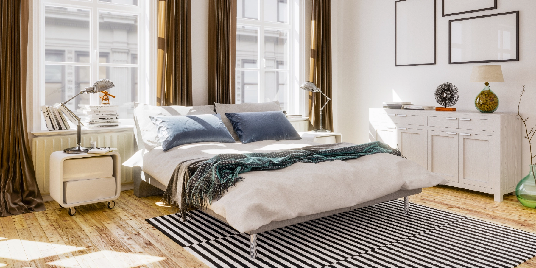 Airbnb Bedroom With Striped Rug 1800X900