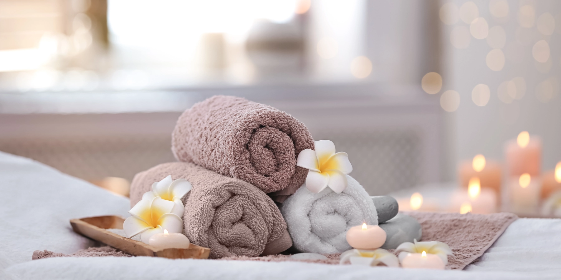 Spa Laundry Rolled Towels With Candles 1800X900